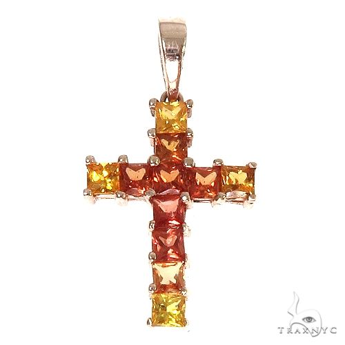 Yellow and orange princess cut sapphire cross pendant in yellow gold setting