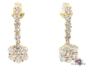 14K gold dangling earrings with diamond-set flower drops