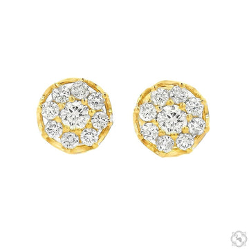 Yellow gold flower cluster stud earrings with round sparkling diamonds.