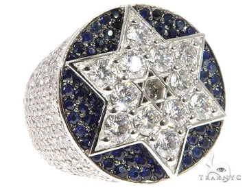 Platinum Star of David mens ring with flower set Russian cut diamonds, face-up angle showing geometric star pattern