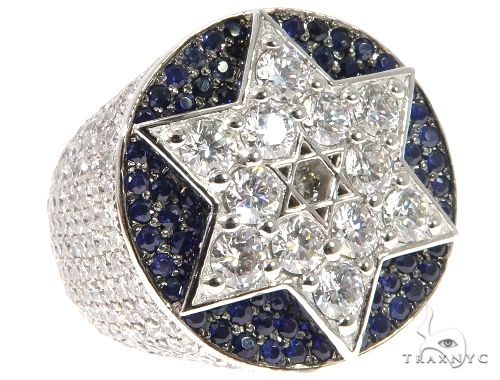 Platinum Star of David mens ring with flower set Russian cut diamonds, face-up angle showing geometric star pattern
