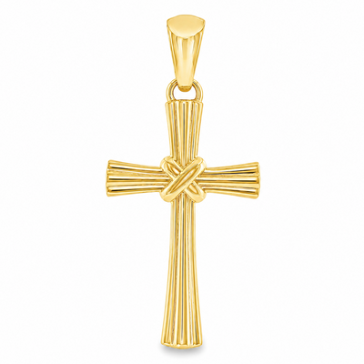 14k gold fluted cross pendant with sculpted textured design and polished finish