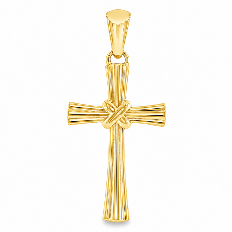 14k gold fluted cross pendant with sculpted textured design and polished finish