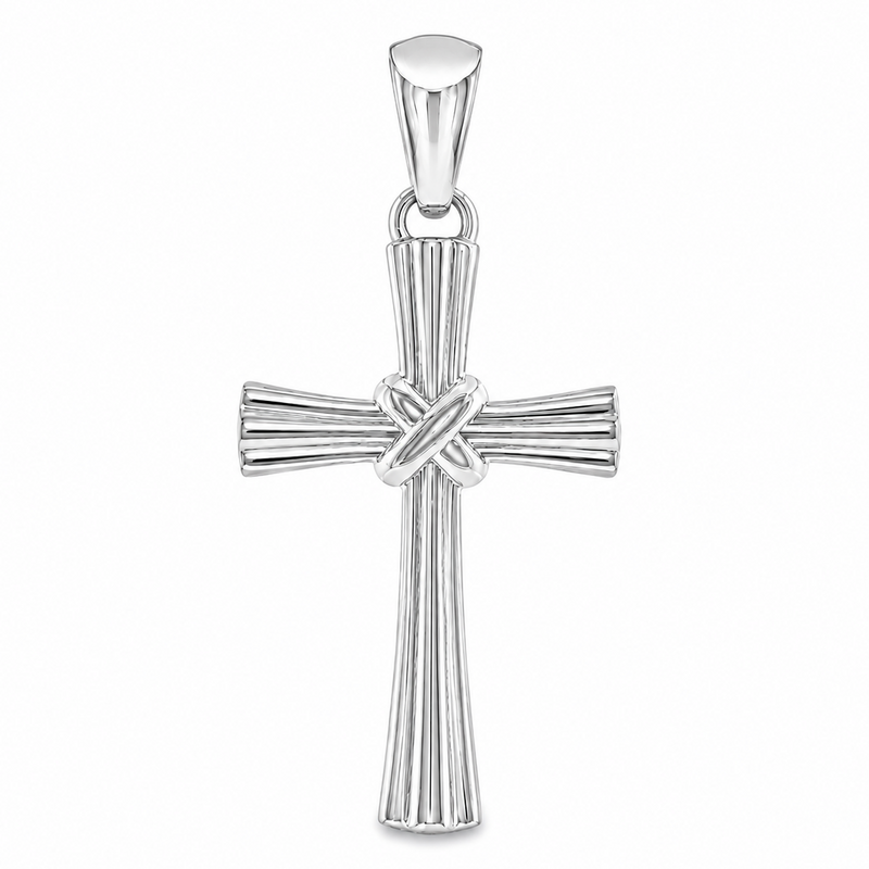 14k gold fluted cross pendant with sculpted textured design and polished finish