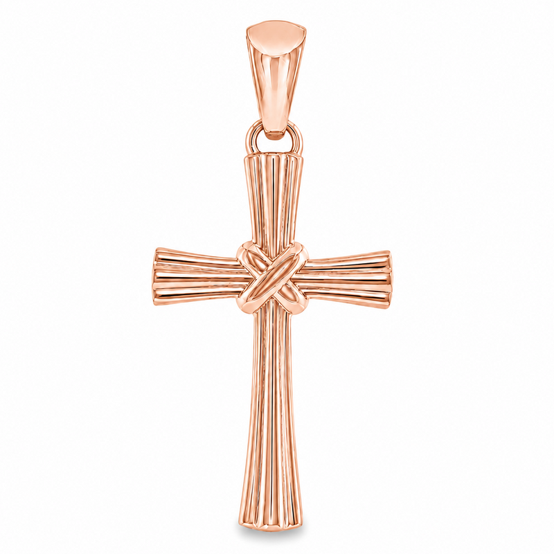 14k gold fluted cross pendant with sculpted textured design and polished finish