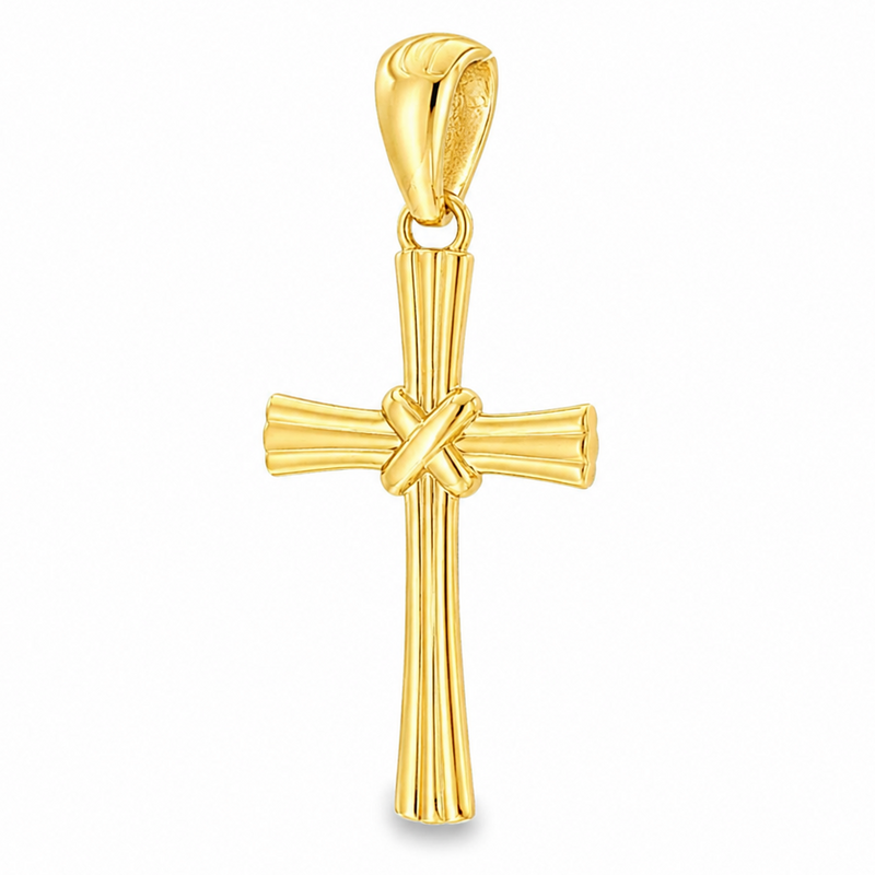 14k gold fluted cross pendant with sculpted textured design and polished finish