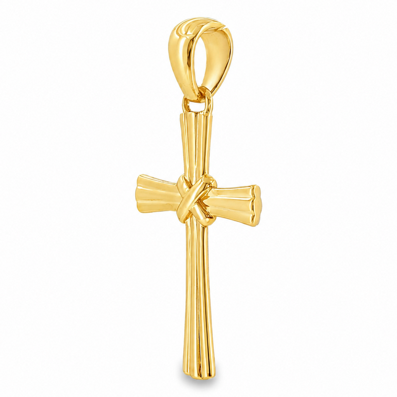 14k gold fluted cross pendant with sculpted textured design and polished finish