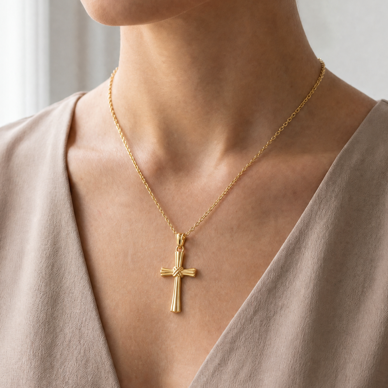 14k gold fluted cross pendant with sculpted textured design and polished finish