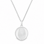 Silver round pendant necklace with detailed fingerprint engraving on delicate chain.
