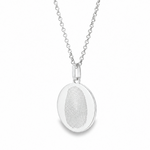 Silver oval pendant necklace with detailed fingerprint engraving on fine chain.