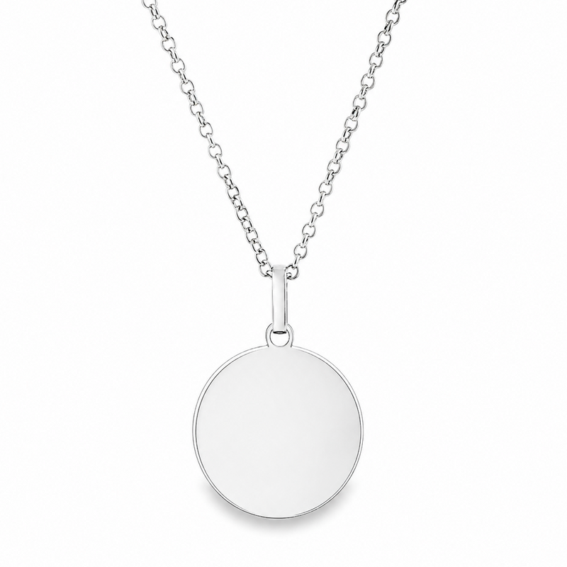 Silver round pendant necklace with smooth polished finish on delicate chain.