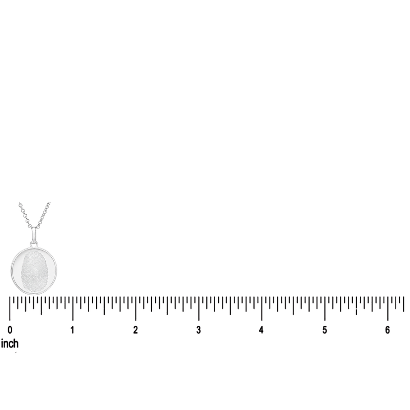 Silver fingerprint pendant set with oval charm on delicate chain, unisex design under 2 inches.
