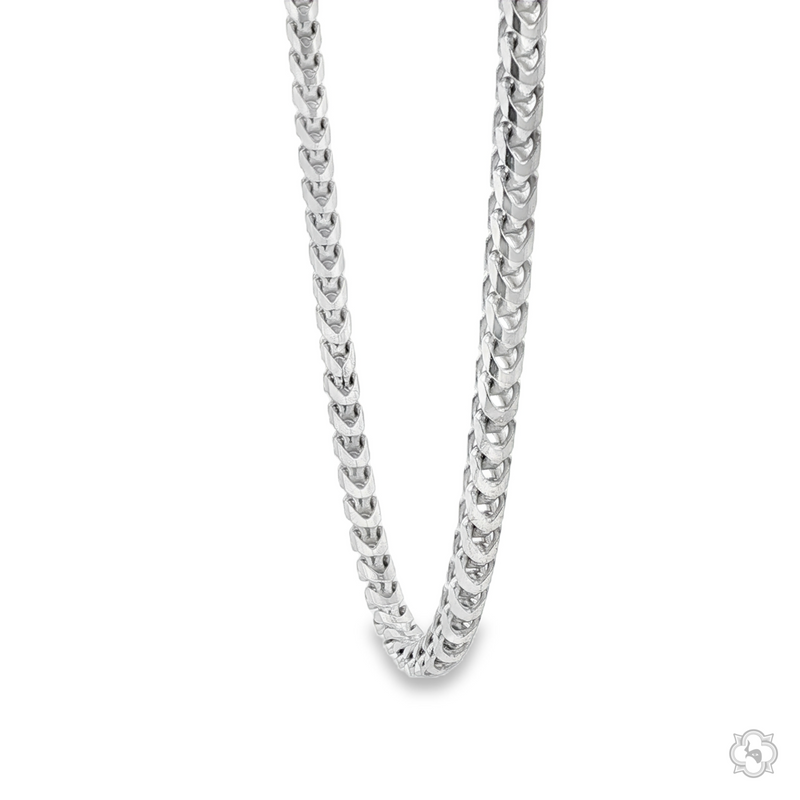 Sterling silver 3.8mm solid Franco chain with tightly woven links, sleek finish.