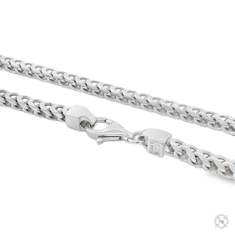 Sterling silver solid Franco chain with 3.8mm links and a lobster clasp closure.
