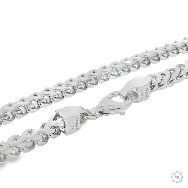 5mm solid silver Franco chain necklace with lobster clasp and polished finish.