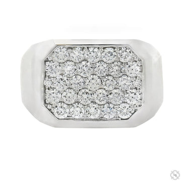 Wide white gold mens ring with rectangular cluster of sparkling diamonds.