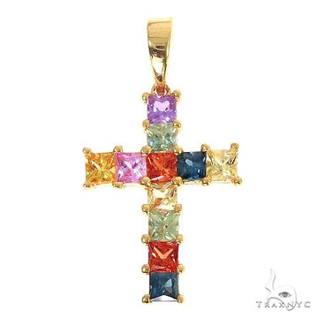 Yellow gold cross pendant with multicolored princess cut gemstones on men's necklace.