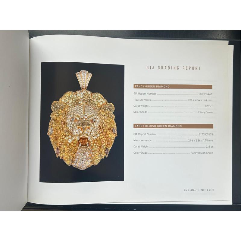 Gold lion head pendant with sparkling diamonds and detailed mane texture.