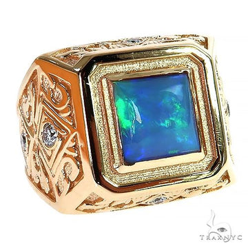 Yellow gold men's ring with square blue-green opal and diamond accents.