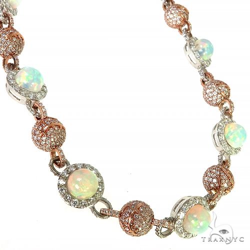 Two-tone 14k gold opal and diamond chain necklace, front view showing round-cut diamond and opal stone detail