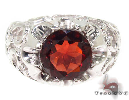 Mens Patterned Garnet & Silver Ring 31714 - Image 2