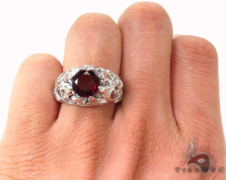 Mens Patterned Garnet & Silver Ring 31714 - Image 7