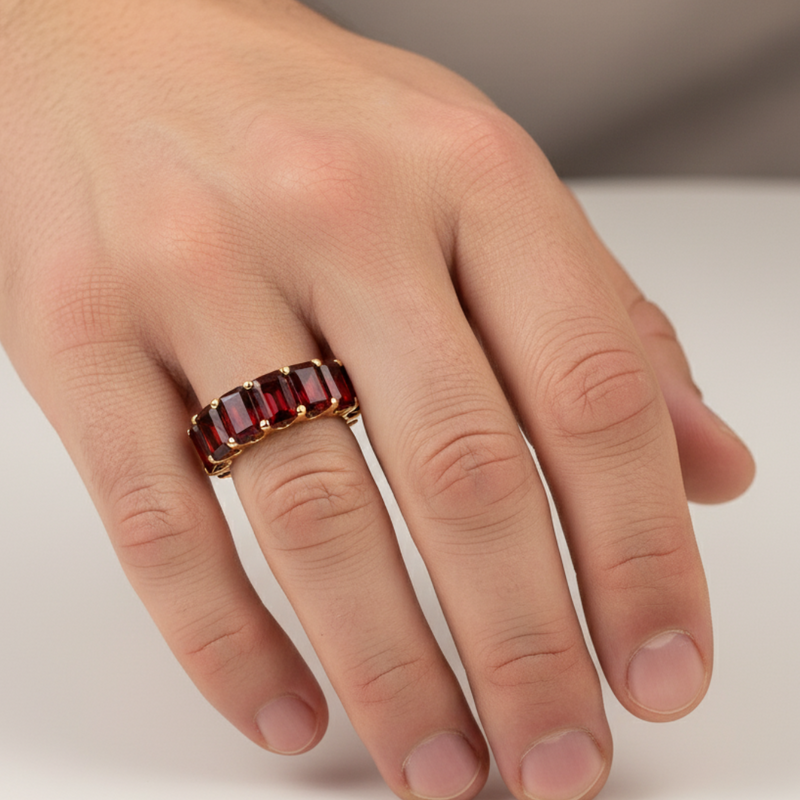 18K Gold Garnet Emerald Cut Eternity Ring, photo 5 of 5