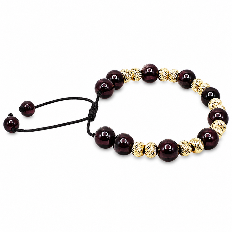 Adjustable natural red garnet bead bracelet with textured 14K gold beads and a black sliding cord.