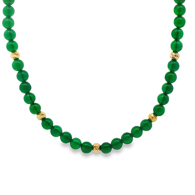 Green agate gemstone necklace with spaced plain gold beads, 16-inch length.