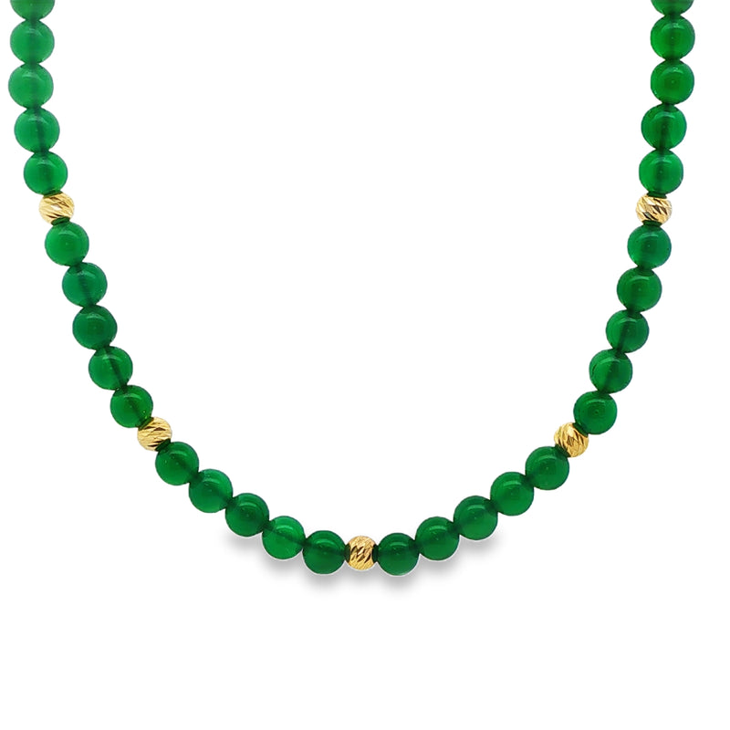 Green agate gemstone necklace with spaced plain gold beads, 16-inch length.