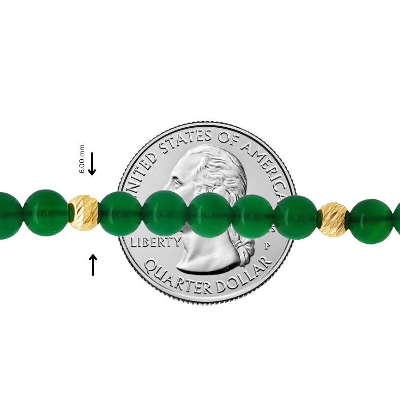 Green Agate gemstone necklace with plain gold beads, 16-inch length displayed next to quarter.