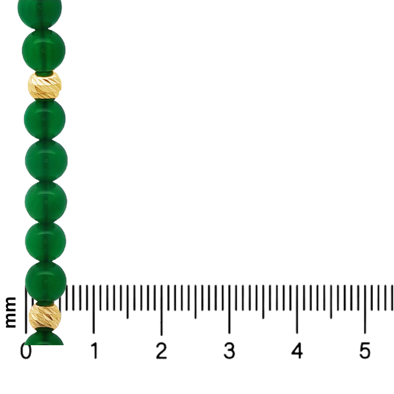 Green agate gemstone necklace with textured gold beads, displayed with millimeter ruler for size.