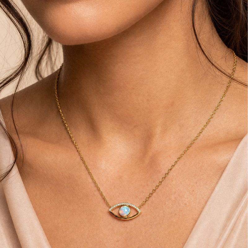 Evil eye necklace with natural opal center and natural diamond accents