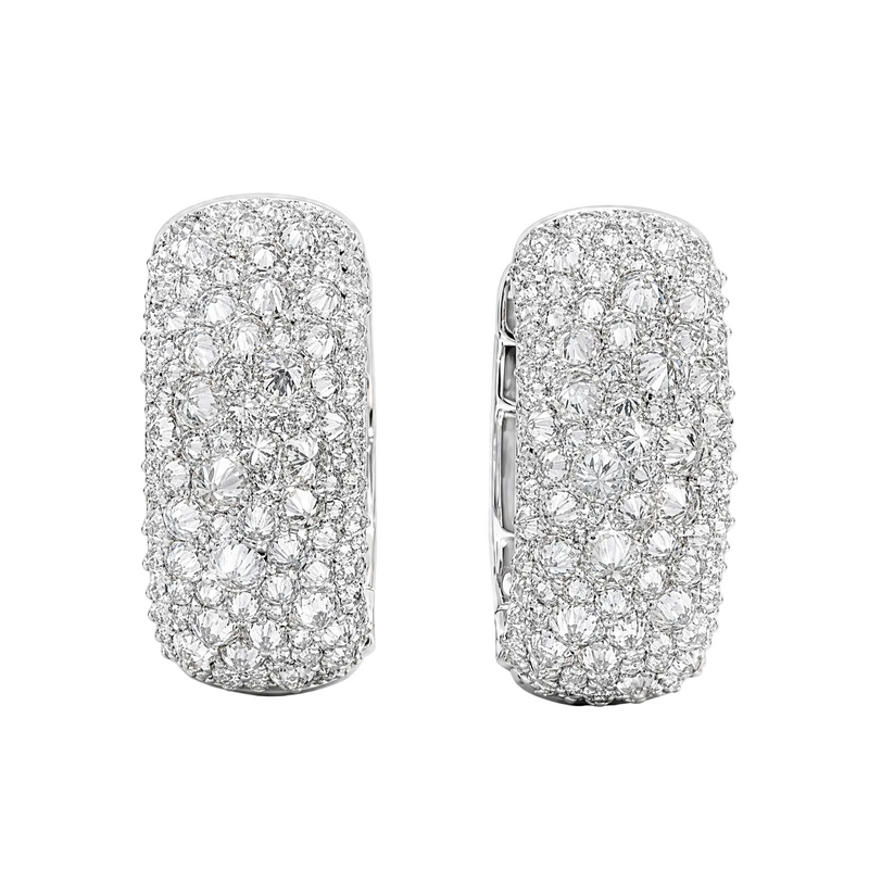 White gold hoop earrings with inverted mosaic diamond pattern, elegant and sparkling.
