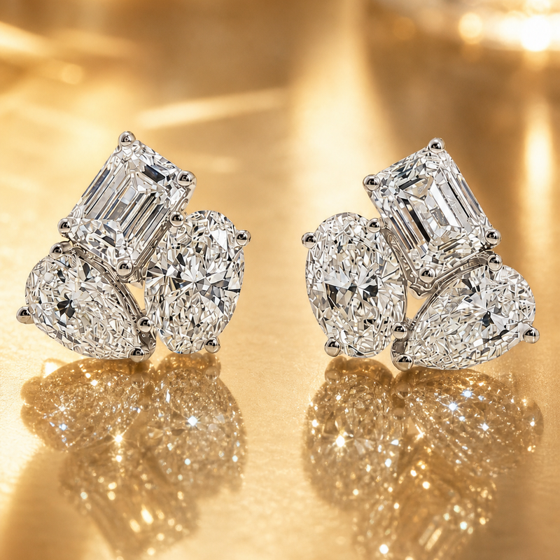 White gold Harmony Trio stud earrings with emerald, oval, and pear-shaped diamonds cluster.