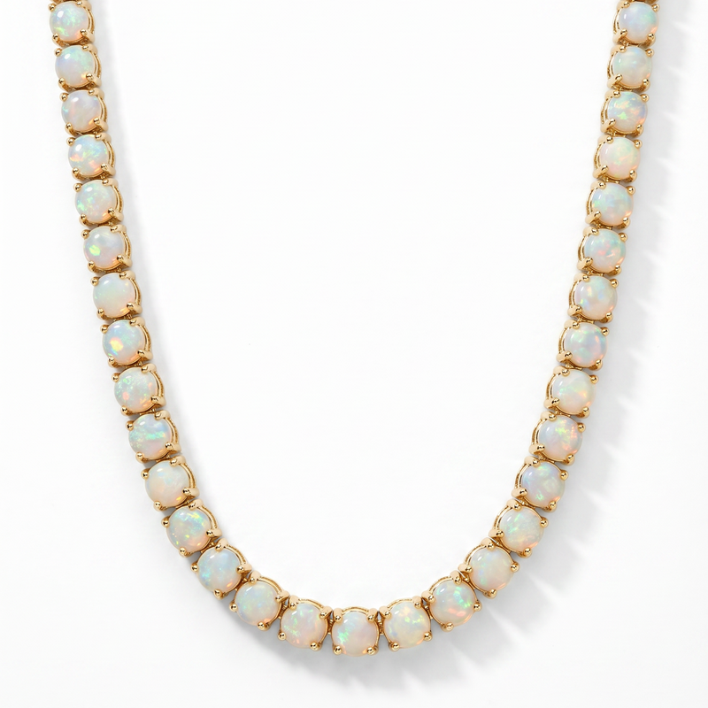 Yellow gold opal tennis chain with round opal gemstones in classic setting.