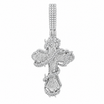 Large silver fleur-de-lis cross pendant with thorn-like diamond accents and textured bail.