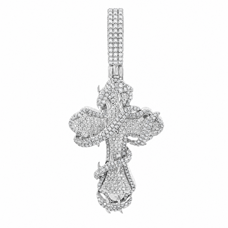 Large silver fleur-de-lis cross pendant with thorn-like diamond accents and textured bail.