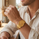 Men's 14K yellow gold bracelet with a large round medallion and linked chain design.