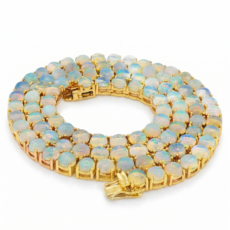 Gold tennis chain with round opal gemstones in a double-row setting.