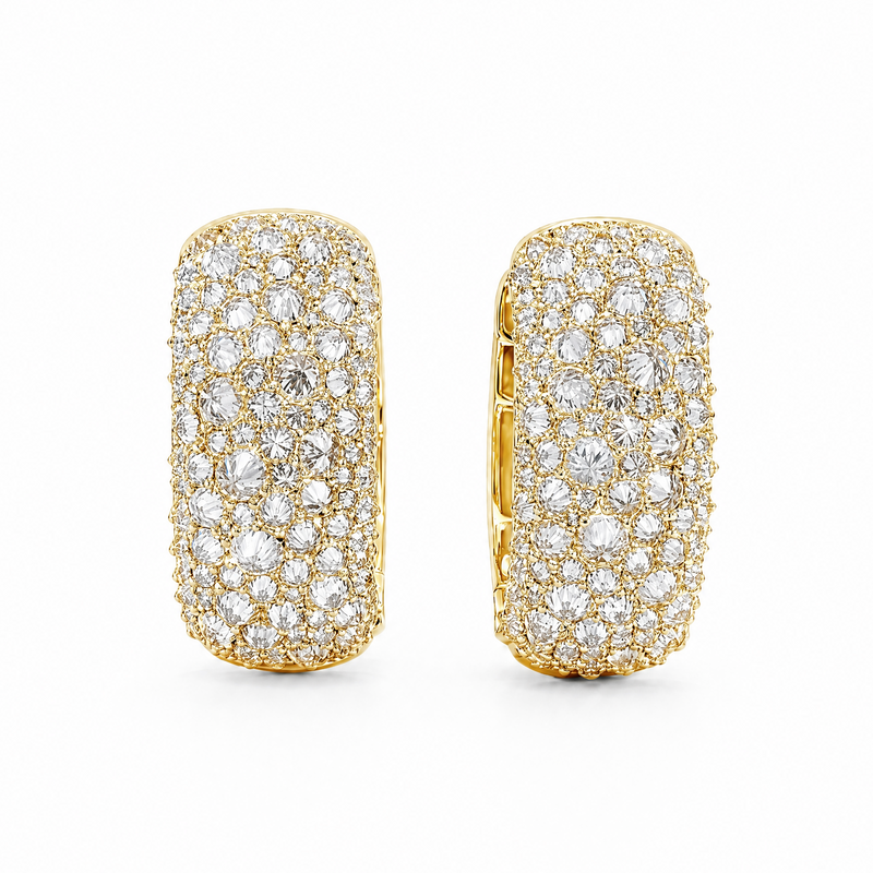 Yellow gold hoop earrings with inverted mosaic diamond clusters.