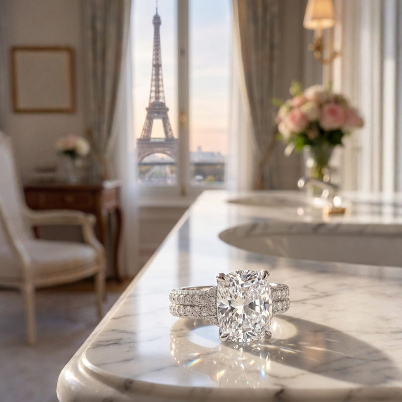 Elongated cushion-cut diamond engagement ring with double pavé band on marble surface, Eiffel Tower backdrop