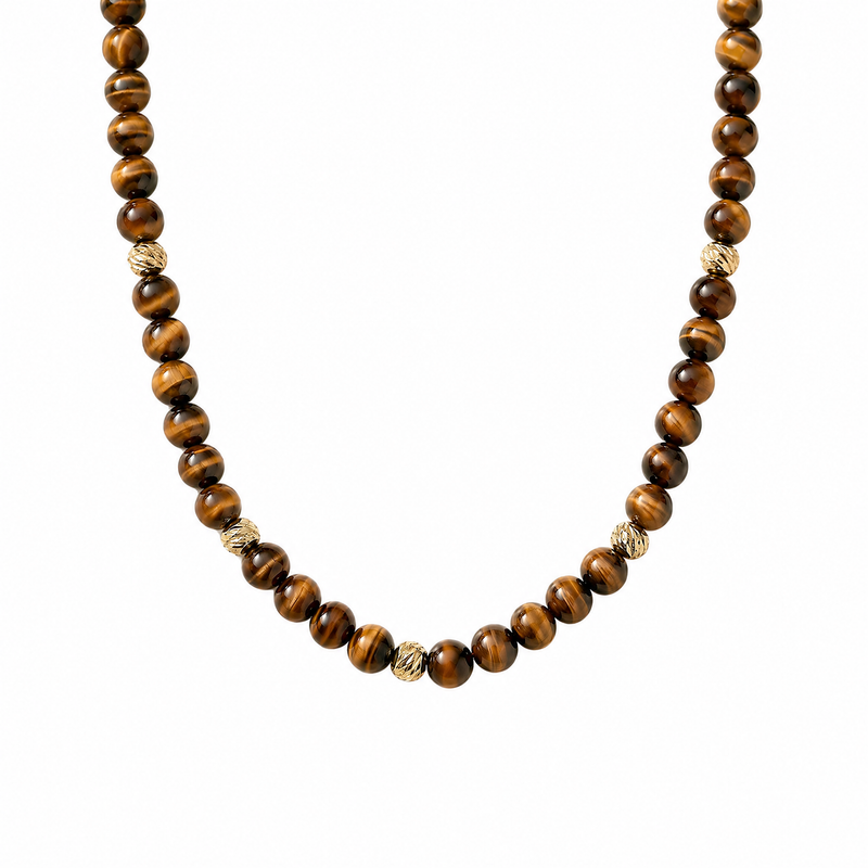 Brown gemstone beads with small gold spacer beads, round shape, men's and women's necklace.