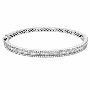 White gold bangle with double rows of channel-set round diamonds and lattice inner design.
