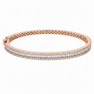 Rose gold bangle with double rows of channel-set sparkling diamonds and intricate lattice detail inside.