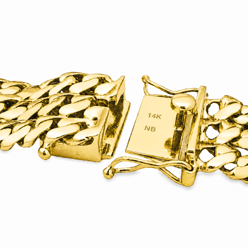 14K yellow gold men's bracelet with thick curb links and box clasp closure.