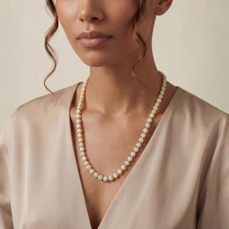 Opal gemstone tennis chain necklace with round stones, worn on a woman in a beige blouse.