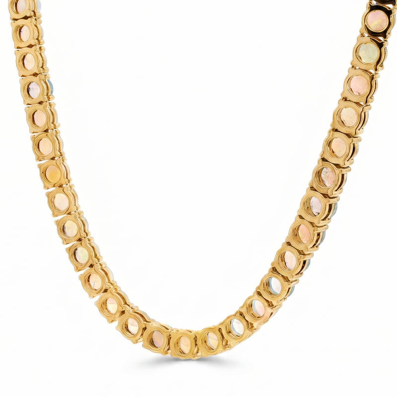 Gold tennis chain necklace featuring oval opal gemstones in bezel settings.