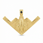 14k gold B-2 bomber pendant with black diamond accent and detailed aircraft design.