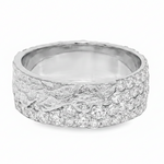 Wide white gold men's wedding band with pave diamonds and textured crisscross detail.